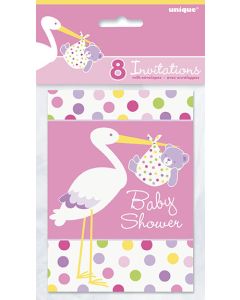 8 invitations Shower cigogne rose